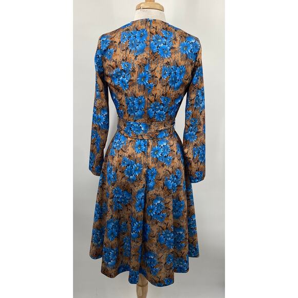 Vintage 60s Floral Fit & Flare Dress Tie Belt Long Sleeve Brown Blue Womens 8 - Picture 6 of 8